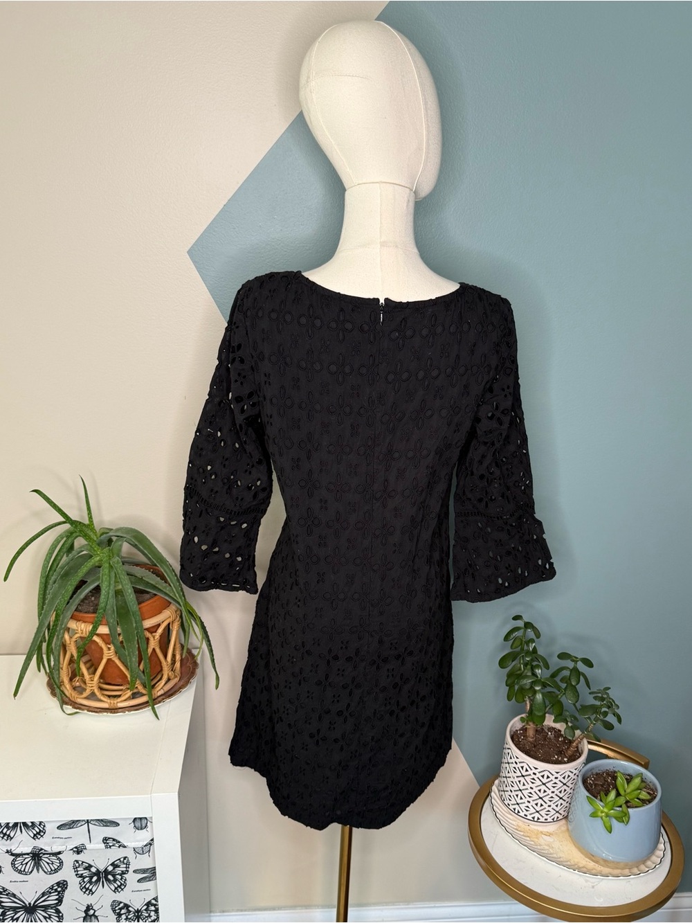 Madison Leigh Black Eyelet Cotton Prairie Boho Cottagecore Dress 10 - Picture 4 of 13